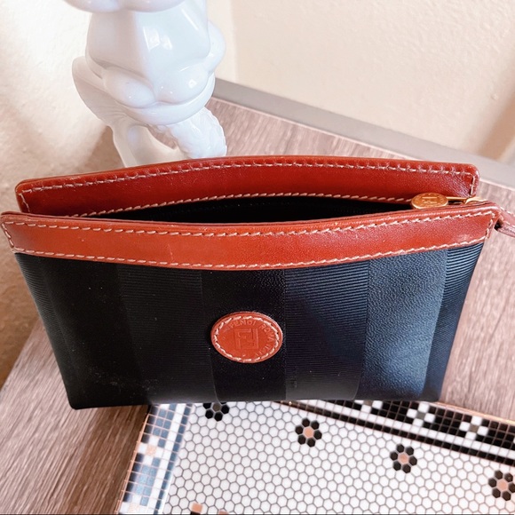 Fendi Handbags - Authentic Fendi Vintage Black and Brown Pequin Cosmetic Zip Bag / Pouch